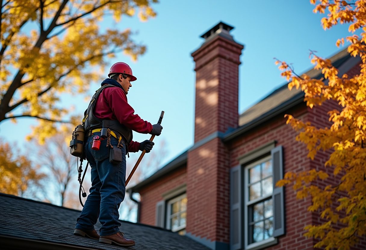 Chimney sweep on the roof of a brick colonial home — Bladensburg
